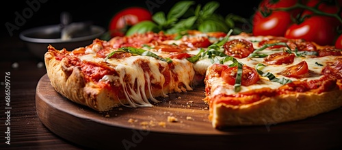 Chicago deep dish Italian cheese pizza with tomato sauce.