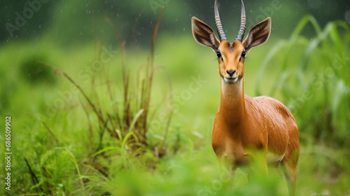 Ugandan kob, Kobus kob thomasi, rainy day. Kob antelope in the green vegetation. generative ai photo