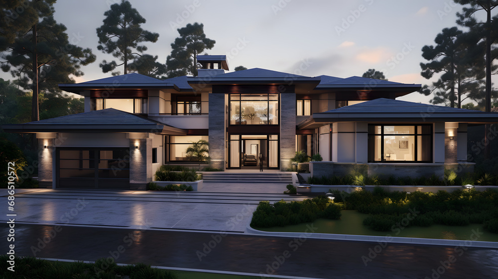 Beautiful, Newly Built Luxury Home Exterior. generative ai. Beautiful, Newly Built Luxury Home Exterior. generative ai.