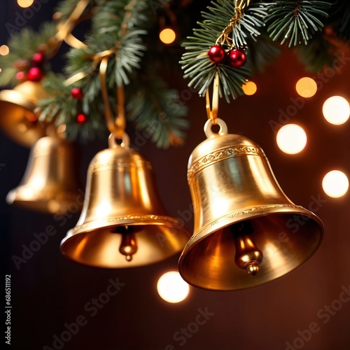 Golden christmas bell ornaments decorating Christmas Tree in traditional holiday celebration