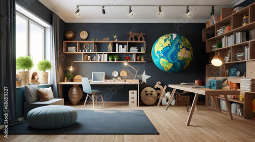 Children's study room at home. Modern spacious interior with desk, chair, bookshelves, chalkboard, lamps, Earth globe, plants, boxes, toys, rug, and laminate flooring. Unisex design fo. generative ai. photo