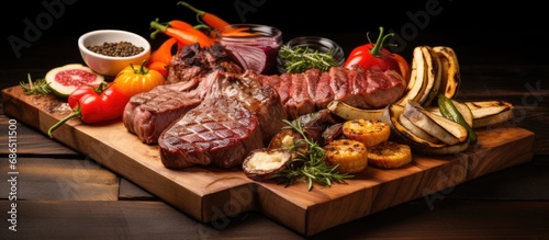 BBQ menu with assorted grilled meat, snacks, veggies on wooden board.