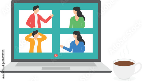 Colleagues talk to each other on the laptop screen. Conference video call, working from home.

