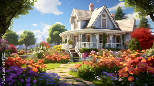 classic house with flower garden. generative ai. photo