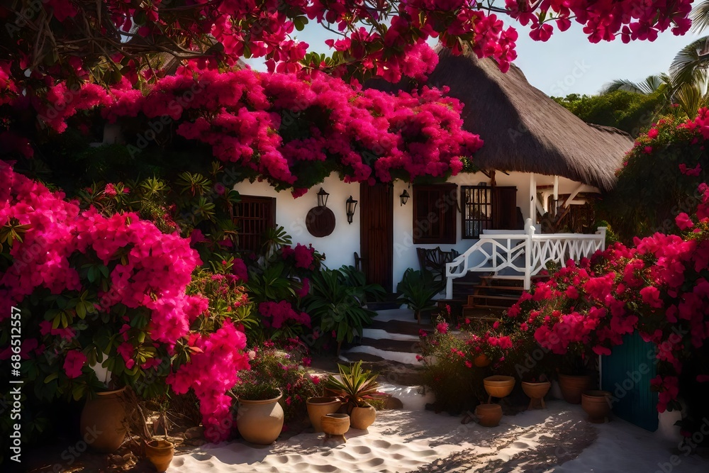 A charming beachfront cottage with white walls and a thatched roof, nestled amidst vibrant bougainvillea flowers, radiating coastal char