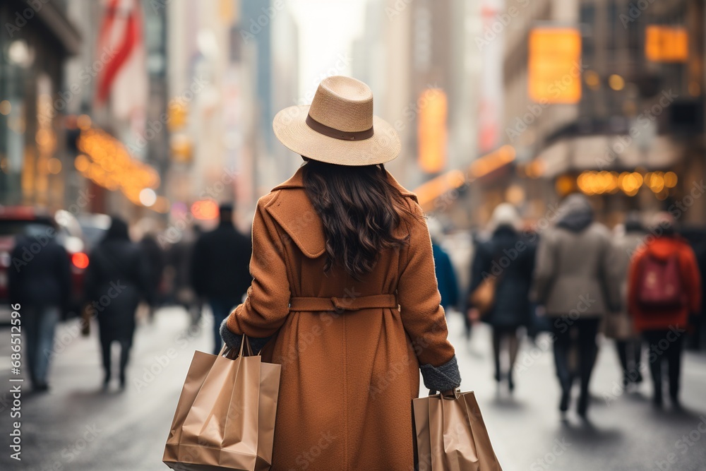 unrecognizable woman wearing a hat walking in the city on Christmas, portrait of a girl with shopping bags in wintertime for festive celebrations