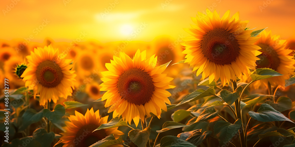 Beautiful field of blooming sunflowers against sunset golden light, A vibrant sunflower field with the sun shining in the background AI Generated