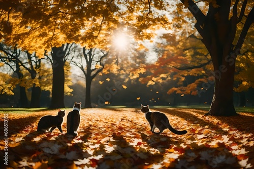 A playful kitten pouncing on a fallen leaf in a vibrant autumn garden, capturing the essence of seasonal joy.