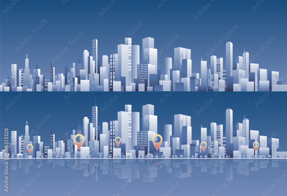 Urban silhouette landscape. Abstract horizontal banner, background cityscape. Panorama frat style. Gps tracking, locate position pin. City buildings of business district. Vector illustration geometric