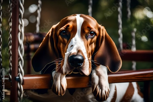A serene Basset Hound resting on a porch swing, its droopy eyes exuding a sense of calm and contentment