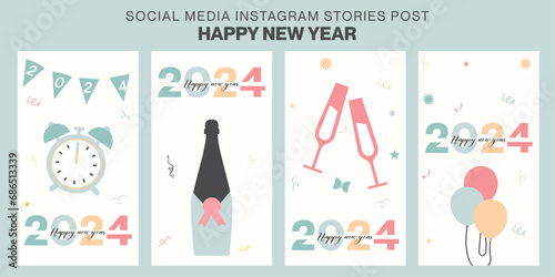 Happy new year Cute minimal social media post with pastels Colors 2024 text. vector illustration