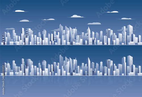 Urban silhouette landscape. Abstract horizontal banner  background cityscape. Panorama in frat style  header images for web. City buildings of business district. Vector illustration simple geometric