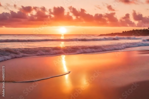 A serene sunrise over the beach, where the sky is painted in shades of pink and orange, casting a warm glow on the sand and water © shafiq