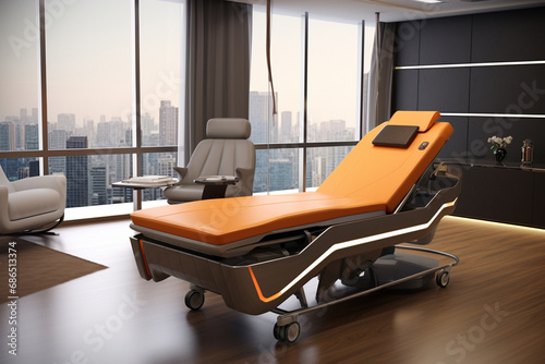 The horizontal view of a comfort and modern physiotherapy medical bed isolated at the center of a room with window wall and cityscape view. Generative AI.