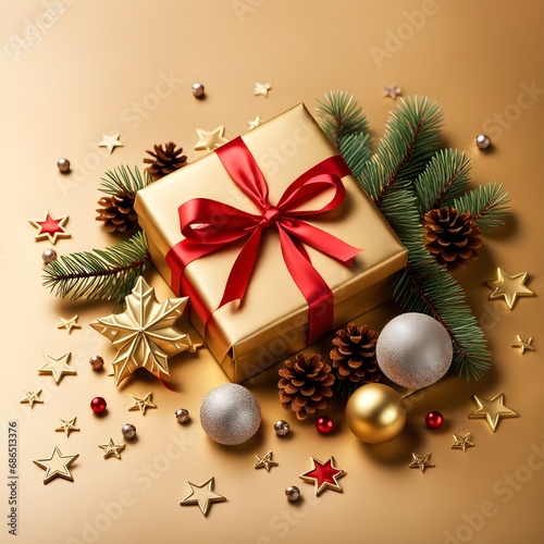 Gold box with red ribbon and ornament on yellow background. Top view of Christmas present. Space for text. Merry Christmas and New Year greeting card.