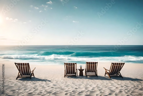A pair of beach chairs sitting on the shore, facing the vast ocean, with a small table between them, waiting for vacationers to relax and enjoy the view photo