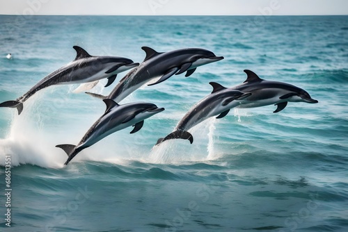 A playful group of dolphins leaping out of the water in perfect synchronization, creating a mesmerizing display near the beach © shafiq