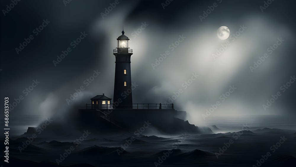Lighthouse on the sea at night with fog. 
