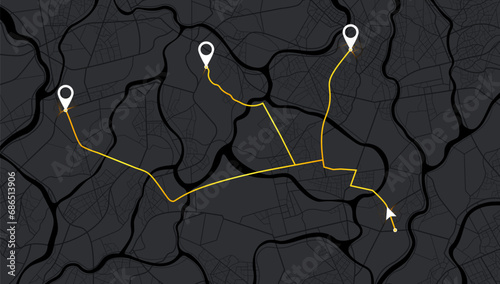 Map city with gps pins. Street, road,. Alternative way with location system. Urban map with pointers. Vector, Black background Urban map with information pointers, signs, arrows. Vector illustration.