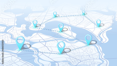 Track navigation pins on street maps, navigate mapping technology and locate position pin. Futuristic travel gps map or location navigator vector illustration. Multiple destinations. Gps tracking map.
