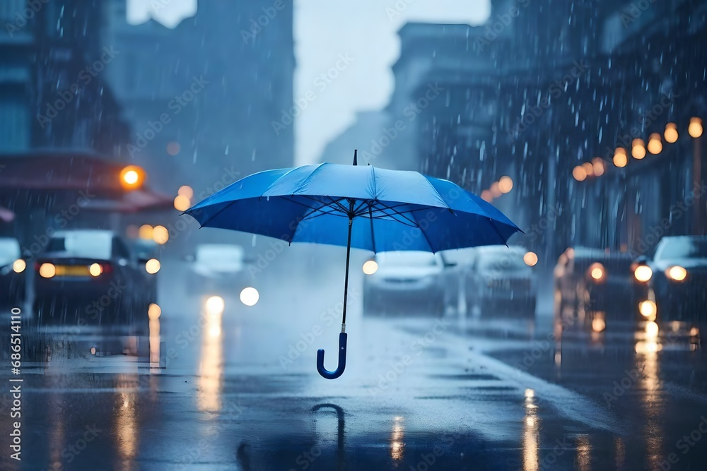 Lifestyle photograph of a rainy day. blue umbrella in a downpour
