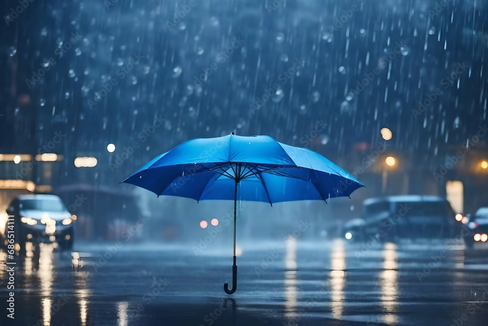 Lifestyle scene of rainy weather. Blue umbrella under rainfall