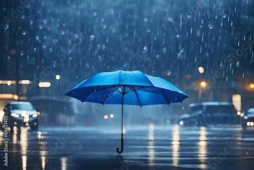 Lifestyle scene of rainy weather. Blue umbrella under rainfall