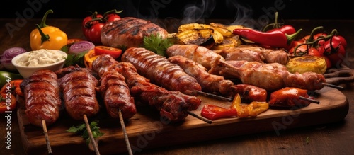Grilled assortment of meat on table, with chicken, sausages, kebab, onions, sauce. Horizontal, no people, space to copy.