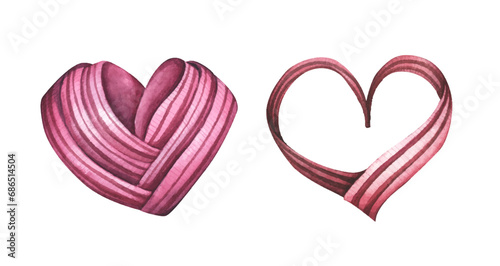 Valentine’s Day ribbon woven heart. Love concept. Watercolor illustration.