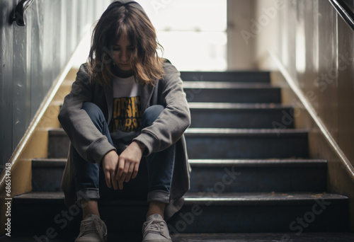 A brunette girl teenage in grey jacket printing t-shirt blue jean and sneakers depression sitting on a building steps indoors