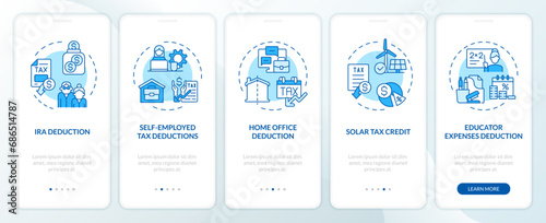 Tax deductions blue onboarding mobile app screen. Tax credits walkthrough 5 steps editable graphic instructions with linear concepts. UI, UX, GUI template. Myriad Pro-Bold, Regular fonts used