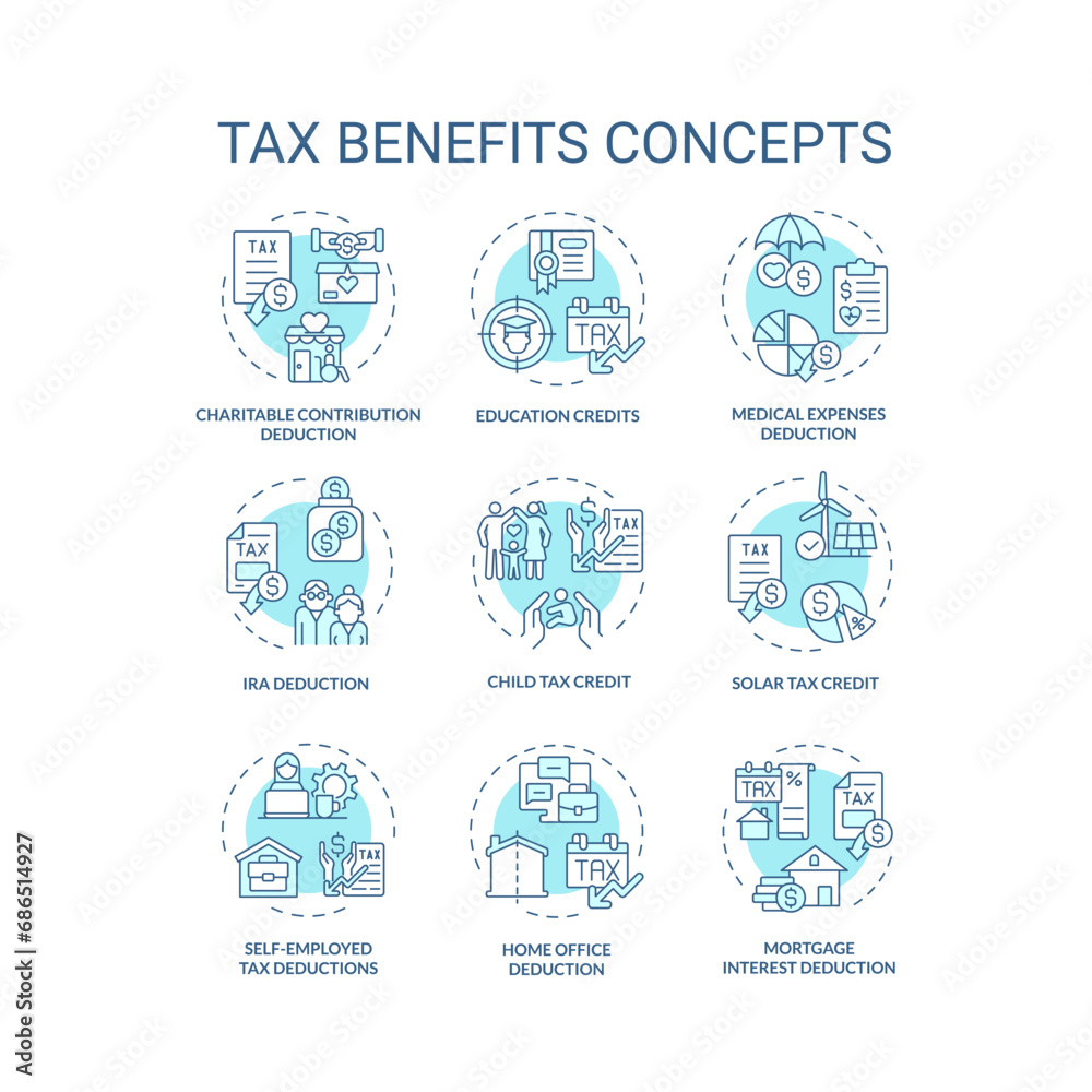Tax benefits soft blue concept icons. Financial planning. Fiscal policies. Tax relief and deduction. Types of tax credits. Icon pack. Vector images. Round shape illustrations. Abstract idea