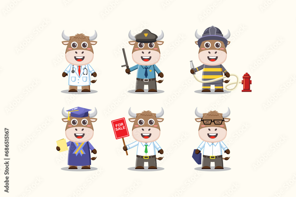 cute buffalo doctor, police, fireman, education, sales characters isolated cartoon illustration