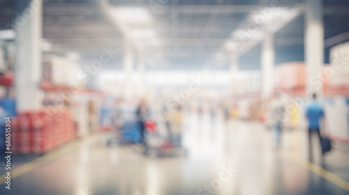 photo of people buing goods in big supermarket - blured interior background for your presentation, copy space