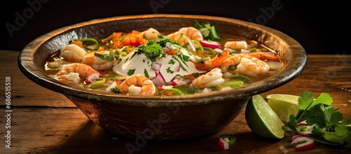 Contemporary Mexican seafood pozole with fish, prawns, and hominy in a clear sauce, served in a design bowl.