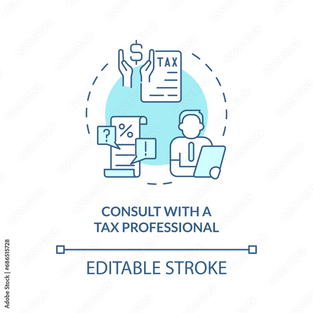 Consult with tax professional soft blue concept icon. Financial advisory. How to apply for tax credits. Round shape line illustration. Abstract idea. Graphic design. Easy to use in blog post Consult with tax professional soft blue concept icon. Financial advisory. How to apply for tax credits. Round shape line illustration. Abstract idea. Graphic design. Easy to use in blog post