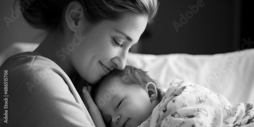 Mother's tender embrace of sleeping baby