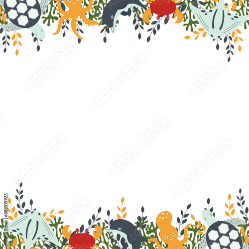 A composition template of marine inhabitants and plants, ideal for postcards, prints, invitations, birthday greeting cards. Seamless border. Vector illustration.