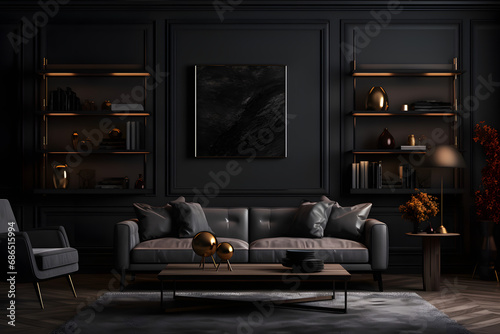 Cozy dark living room interior background 3d rendering. generative ai. © raza
