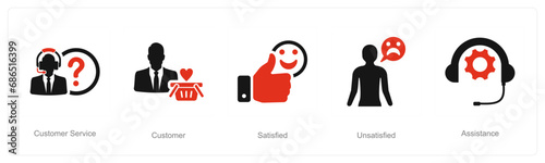 A set of 5 Customer service icons as customer service, customer, satisfied