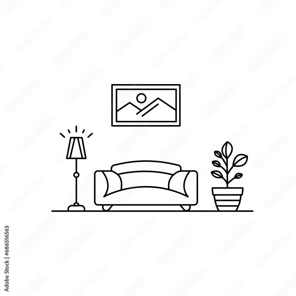 Living room interior design, sofa and floor lamp, picture and plant pot, minimalist style, vector mono line illustration Living room interior design, sofa and floor lamp, picture and plant pot, minimalist style, vector mono line illustration