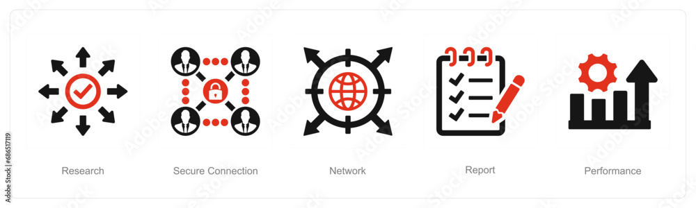 Obraz premium A set of 5 Data analysis icons as research, secure connection, network
