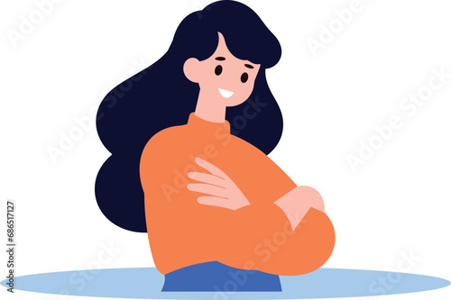 Hand Drawn woman stands with her arms crossed with confidence in flat style