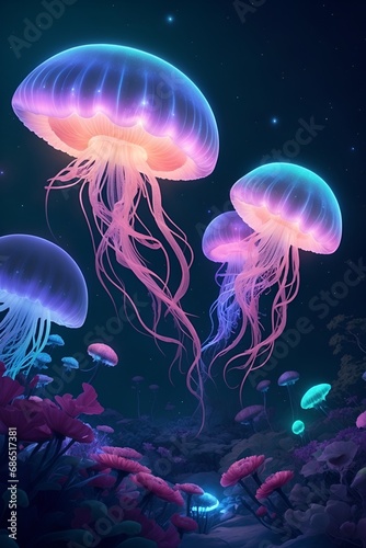 Glowing jellyfish. Vertical composition © Thanh