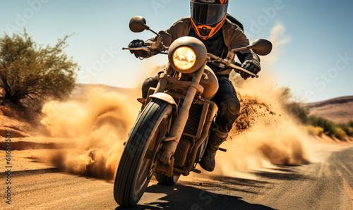 Adventurous Motorcyclist Riding with Speed on a Dusty Road, Kicking Up Dirt in a Dynamic Action Shot