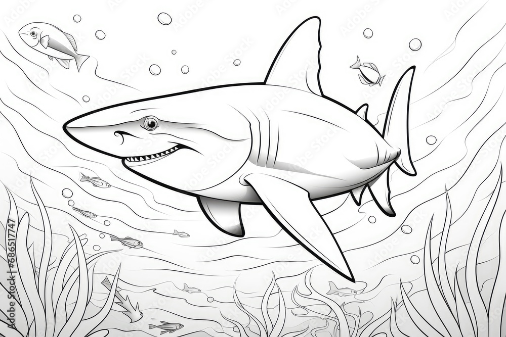 Naklejka premium Shark on white background, illustration. Coloring page. Generative AI