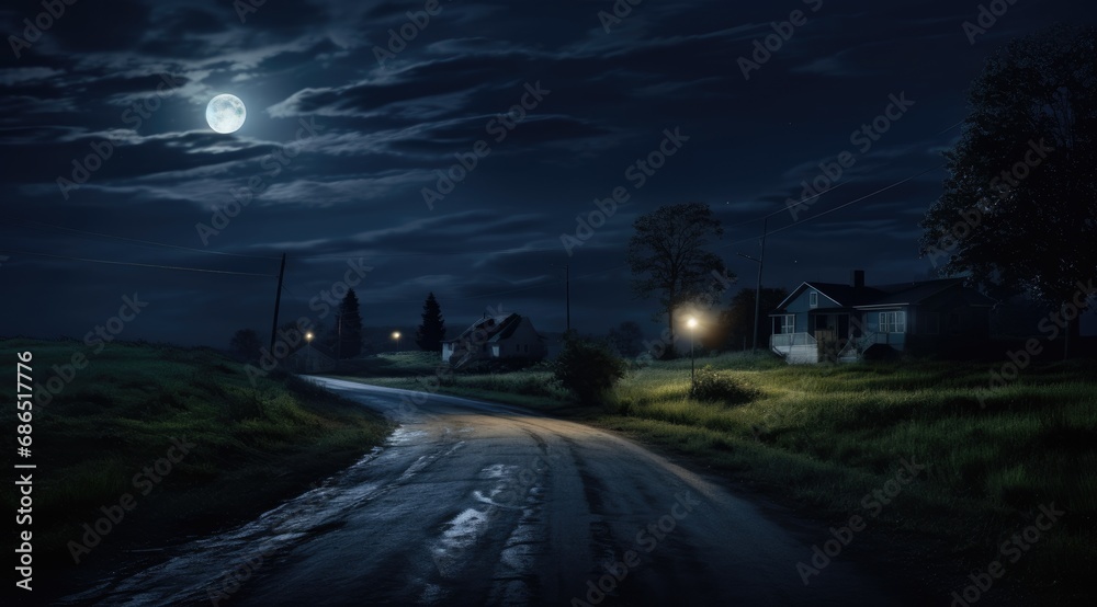 Lonely road in the country illuminated by a bright full moon at midnight