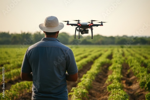 Farmer using drone to monitor crop health in field of organic produce.