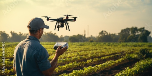Farmer using drone to monitor crop health in field of organic produce.