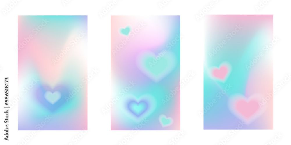 Set of poster with gradient and blurred heart in y2k style.Valentine's Day.Vector stock illustration.